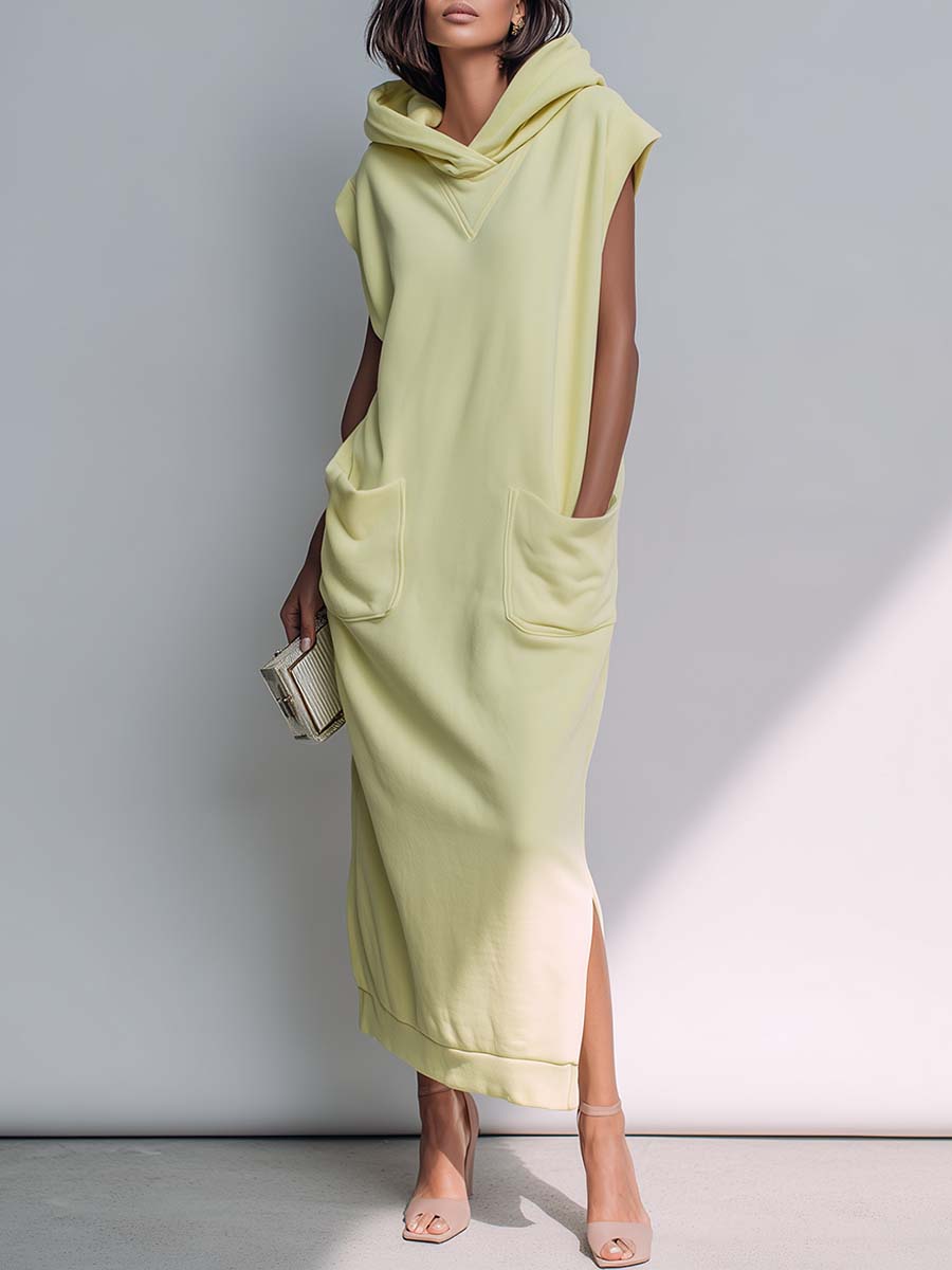 Easy Fashion Sporty Hooded V-neck Side-pocket Lemon Green Cotton Slits Maxi Dress