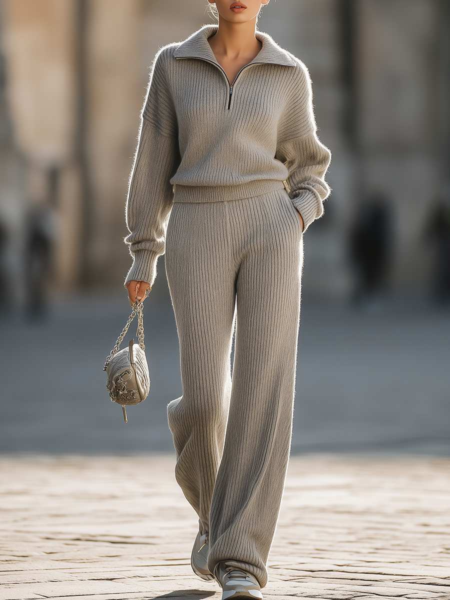 Casual Zip-up Lapel Sweater And Pants Set