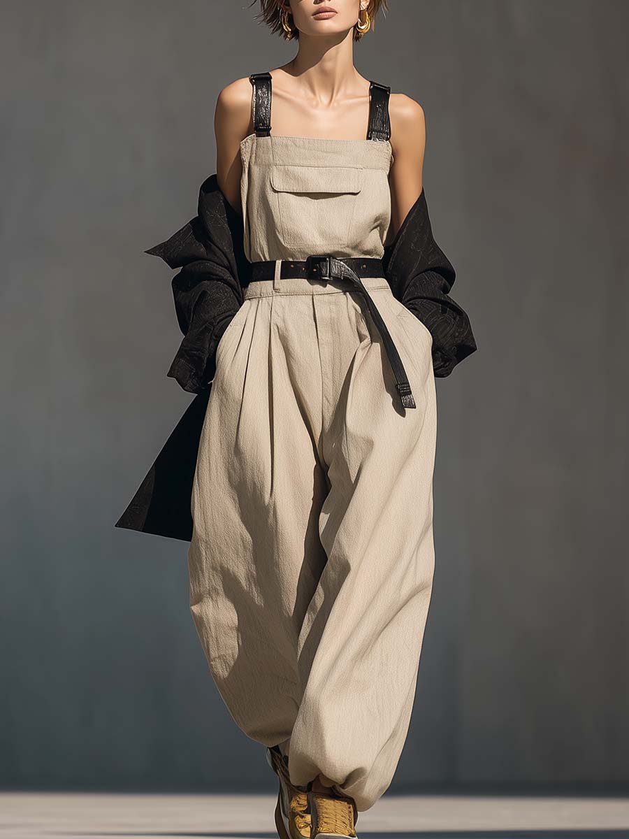 Street Fashion All-match Black Leather Shoulder Strap Beige Cotton And Linen Work Jumpsuit Overalls