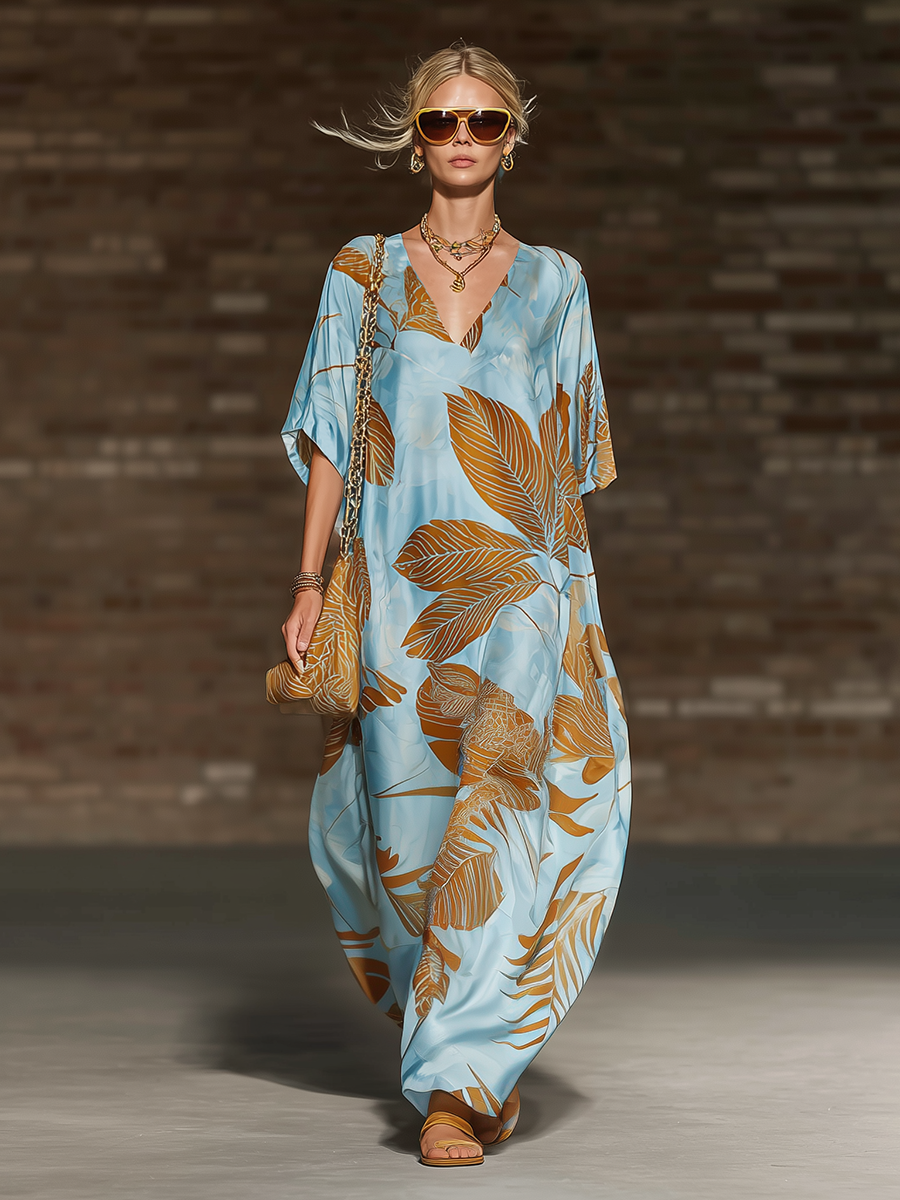 Retro-chic Loose-fitting V-neck Short-sleeved Palm Leaf Print Blue Satin Maxi Dress
