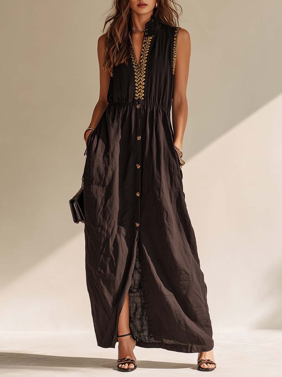 Vintage Exquisite Embroidered V-neck Front-buttoned Sleeveless Black Cotton And Linen Maxi Dress.