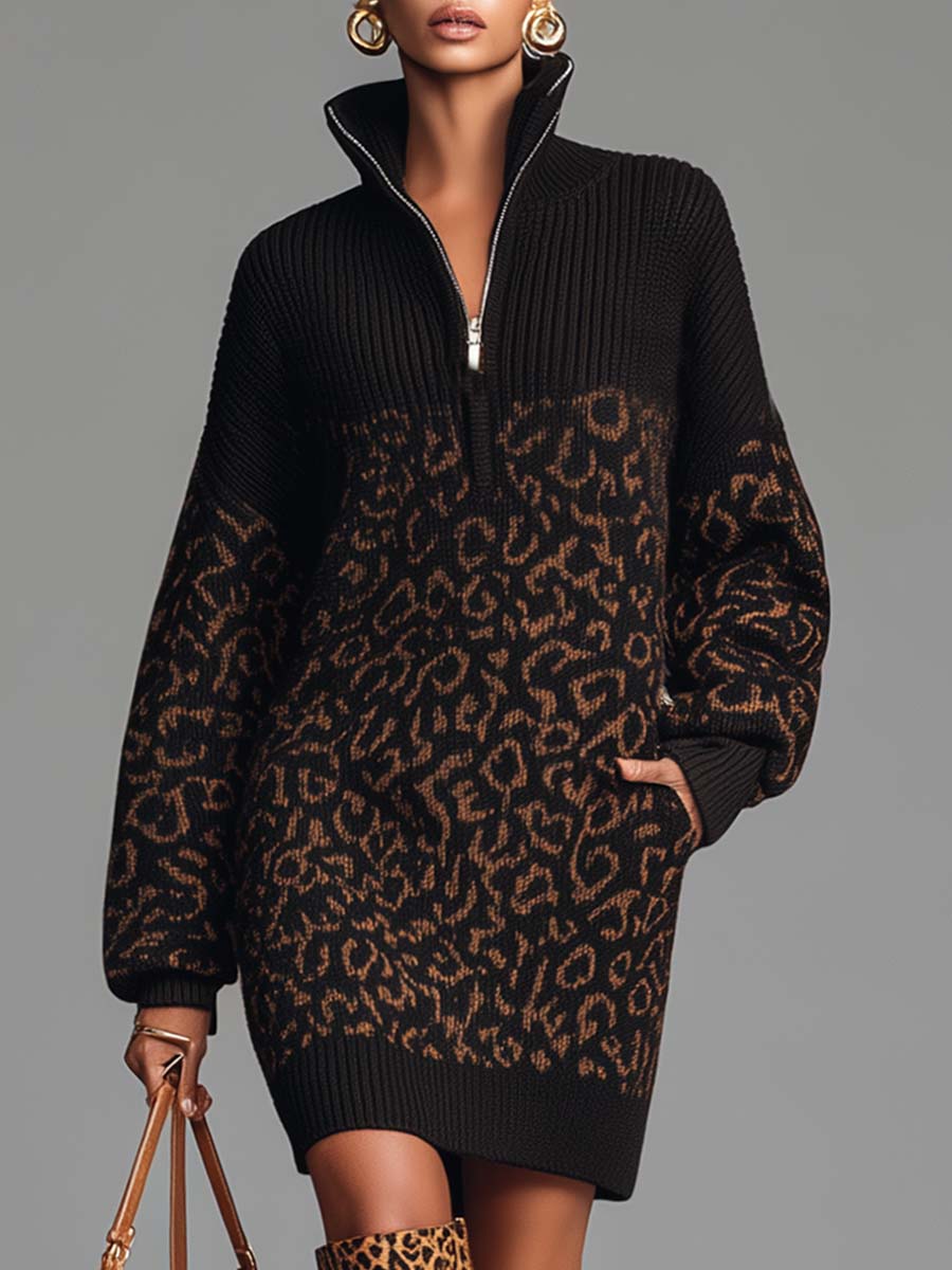 Vintage Casual Fashion Lapel Front Zipper Brown Leopard Pattern Black Knitted Mini Dress