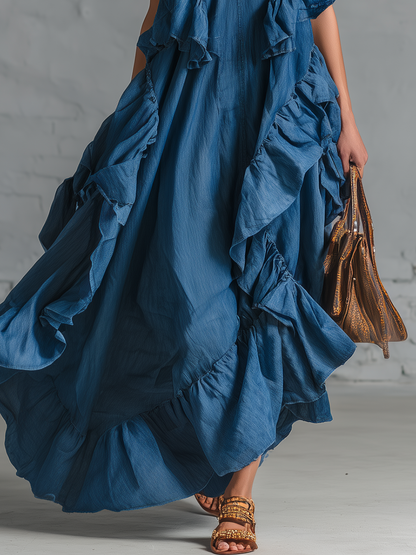 Stylish Simple Loose-fitting Sleeveless V-neck Strap Ruffle Blue Cotton Maxi Dress