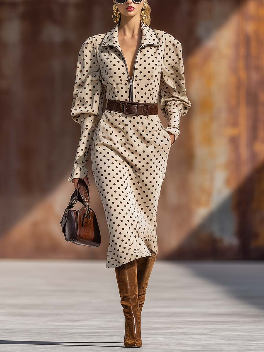 Retro Fashion Lapel Front Zipper Leg Of Mutton Sleeves Brown Polka Dot Print Beige Velvet Midi Dress
