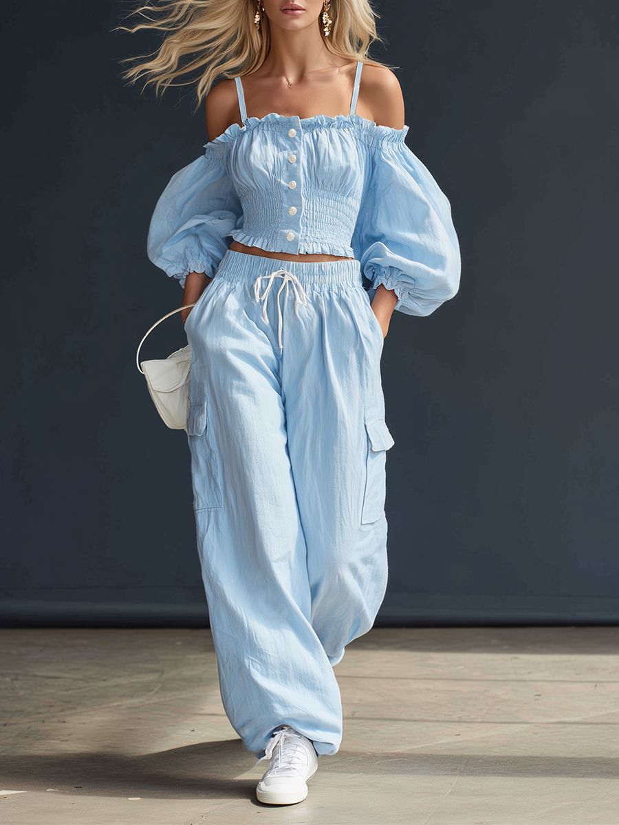 Casual Light Blue Cotton And Linen Off The Shoulder Top With Lantern Sleeves And Wide Leg Pants Set