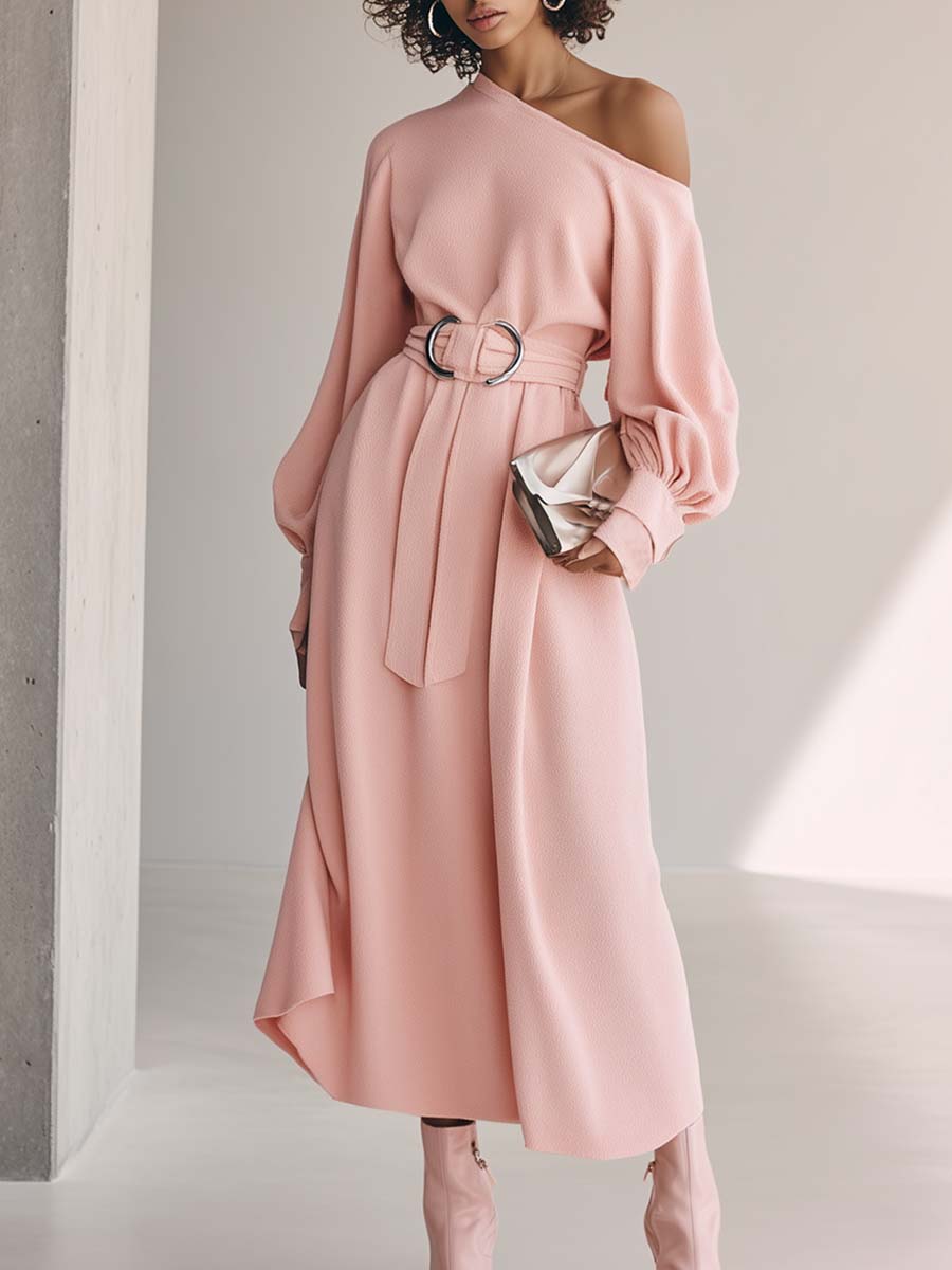 Exquisite Lazy Loose One Shoulder Long Sleeved Light Pink Terrycloth Midi Dress