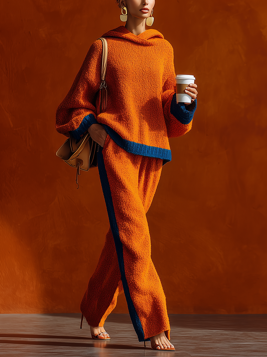 Retro-style Sporty Orange Knit Hooded Pants Set