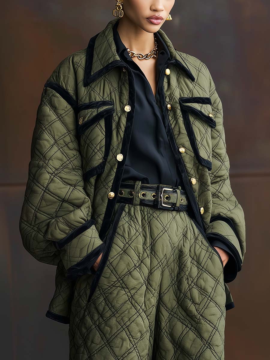 Vintage Fashion Lapel Black Trim Olive Green Quilted Cotton Jacket Coat