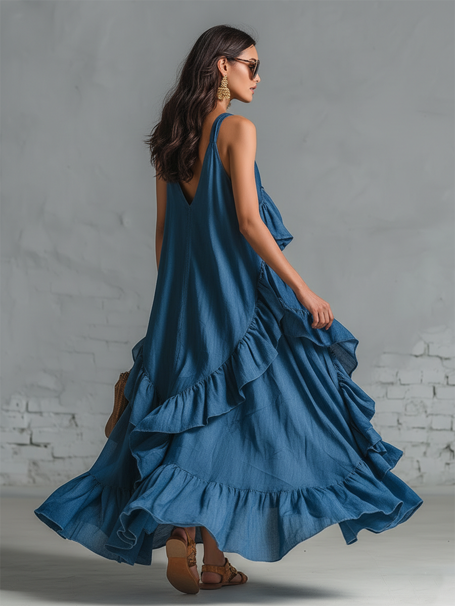 Stylish Simple Loose-fitting Sleeveless V-neck Strap Ruffle Blue Cotton Maxi Dress