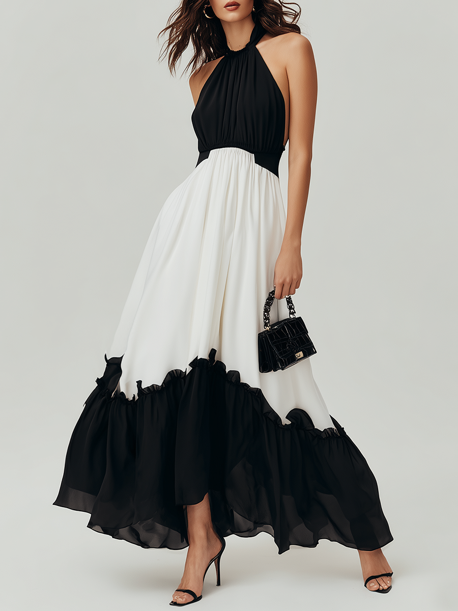 Stylish Simple Loose-fitting Sleeveless Halter-neck Contrasting Colors Pleats Chiffon Maxi Dress