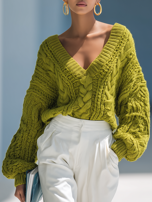 Vintage V-neck Cable-knit Long-sleeved Sweater