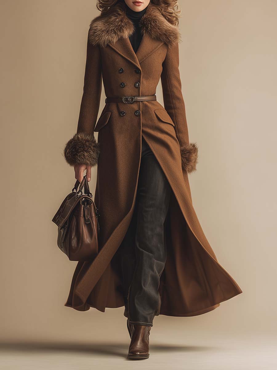 Retro Fashion Brown Fur Collar And Cuffs Button Coat