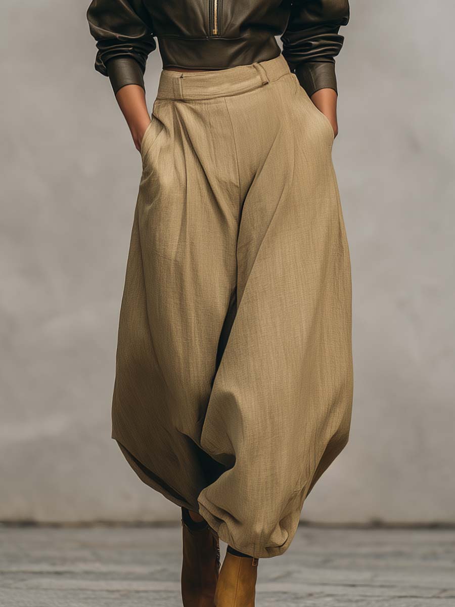 Temperamental And Fashionable Street Khaki Cotton And Linen Loose Pants