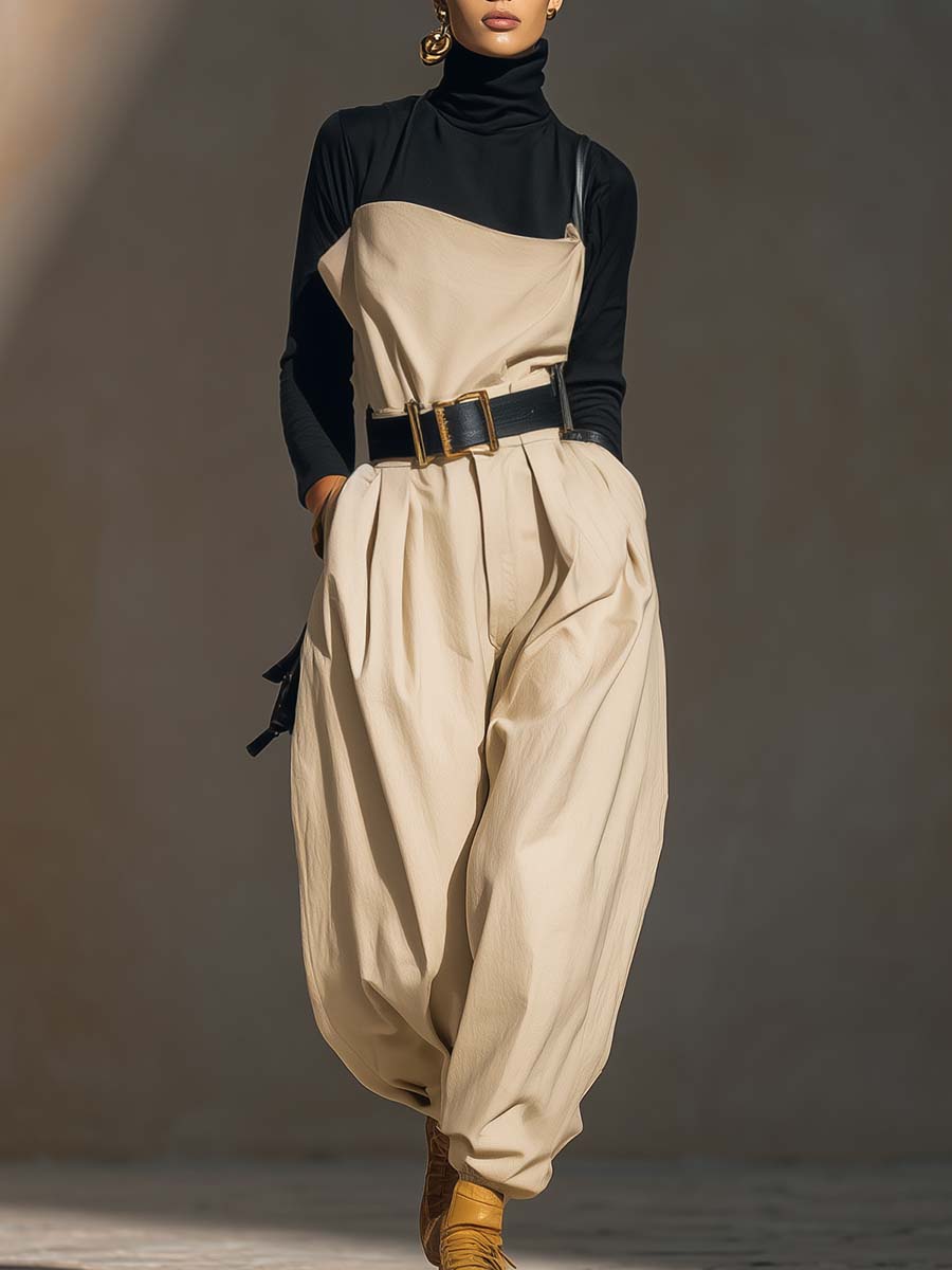 Temperament Urban Khaki Off-the-shoulder Belt Jumpsuit And Black Base Shirt Set