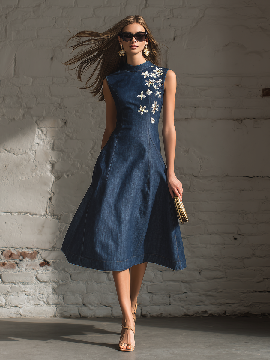 Stylish Simple Sleeveless Round-neck Embroidered A-line Blue Denim-look Midi Dress