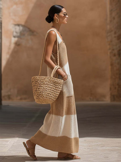 Casual And Breathable Light Brown And White Color-blocked Openwork Knit Maxi Dress