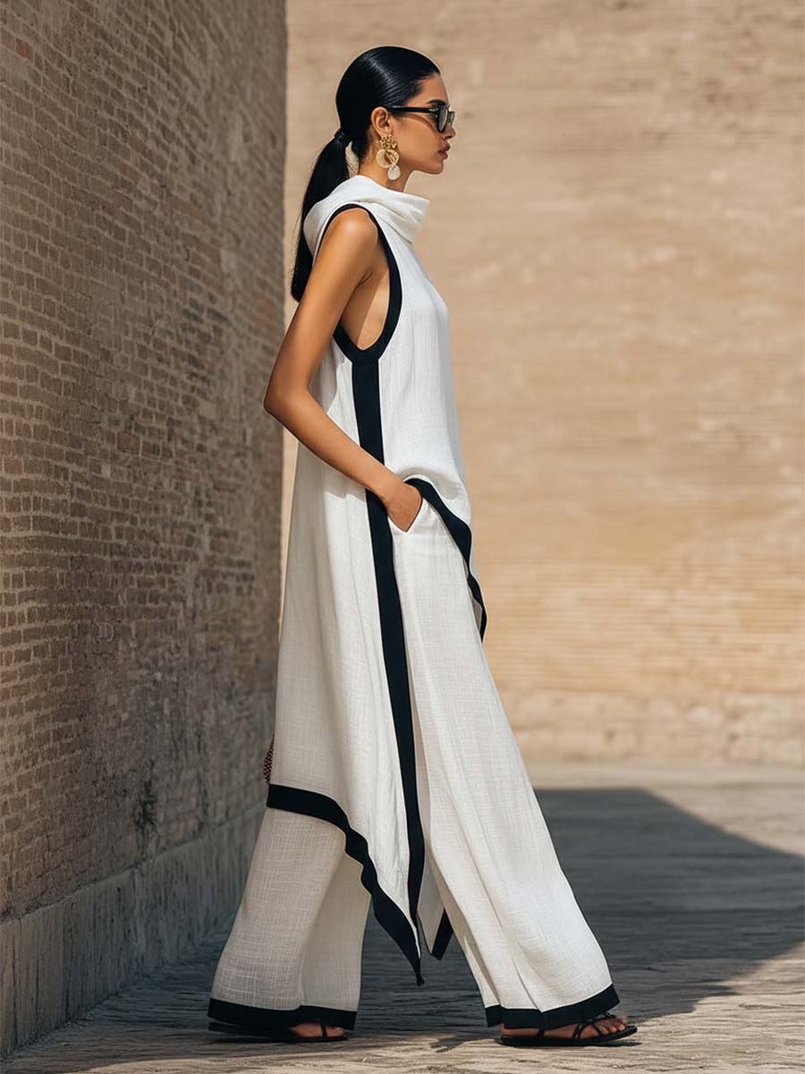 Temperament Casual Hooded White Black Trim White Cotton And Linen Asymmetrical Long Top And Pants Set
