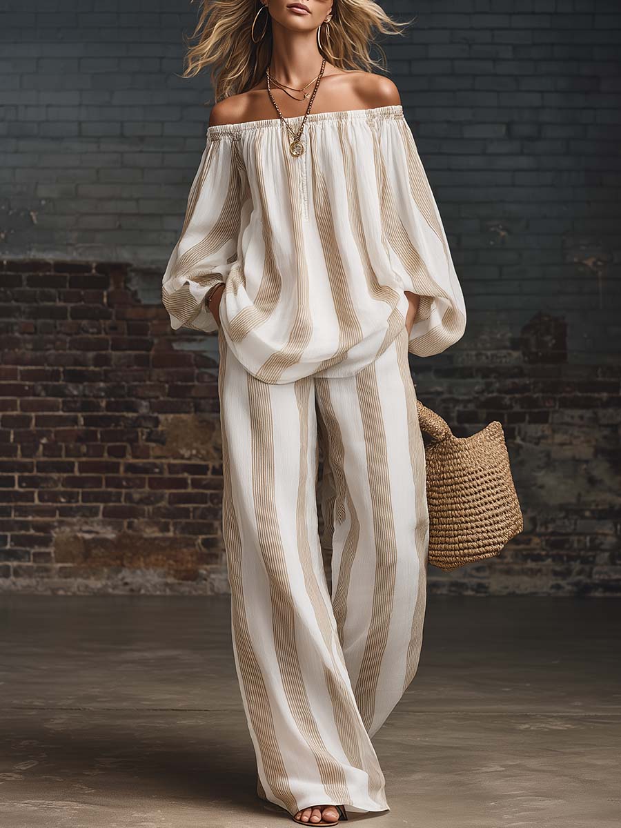 Retro Casual Bohemian Beige Striped Print Chiffon Off-shoulder Top And Pants Set