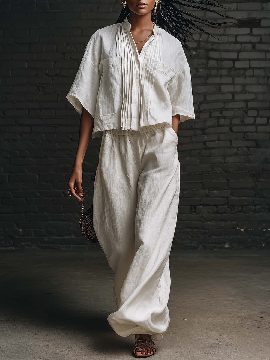 Personalized Casual Urban White Cotton Pleated Short-sleeved Shirt And Pants Set