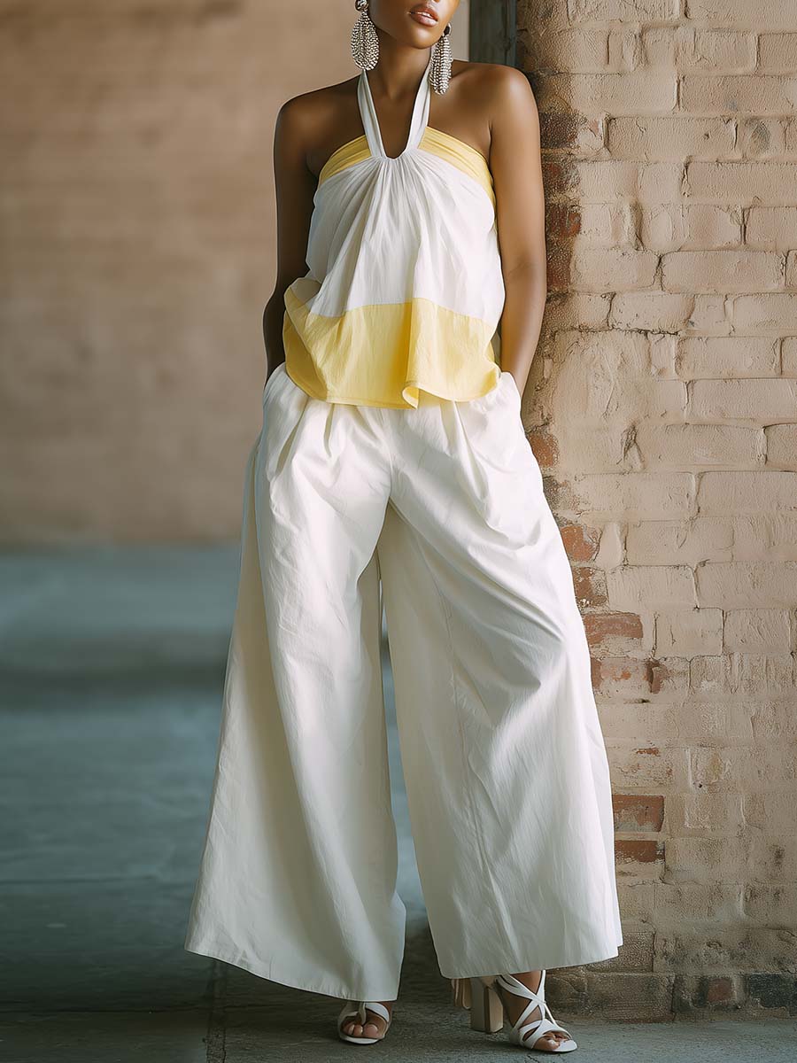 Casual Urban Halter Neck Yellow And White Contrast Cotton Top And Pants Set