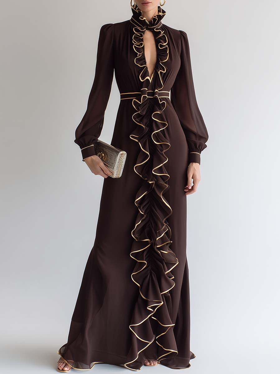 Retro-chic Party Cutout Neckline With Ruffle Trim Brown Chiffon Maxi Dress
