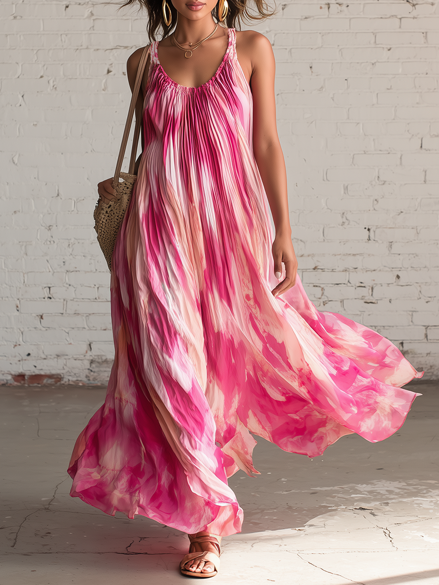Vacation Style Pink Chiffon Printed Sleeveless Pleated Maxi Dress