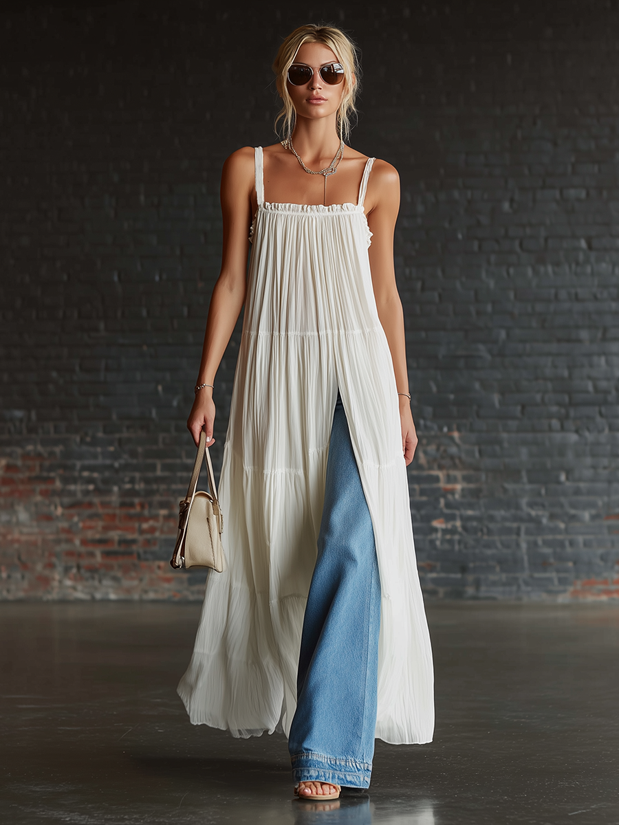 Stylish Simple Pleats Side Slits White Chiffon And Blue Jeans Set