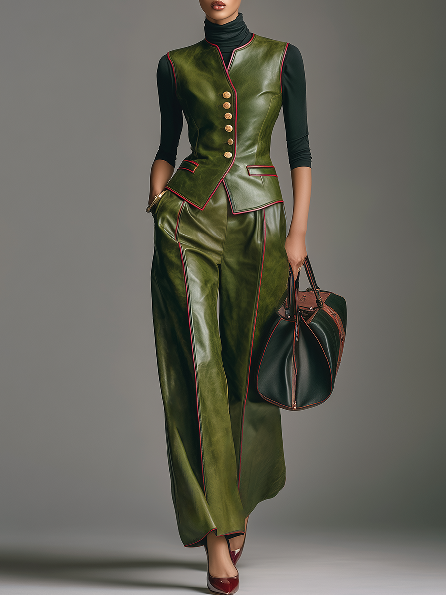 Vintage Faux Leather Vest And Wide-leg Pants Set