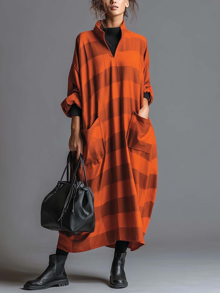 Vintage Fashion Ultra Loose V-neck Large Pockets Orange And Brown Wide Striped Maxi Dress
