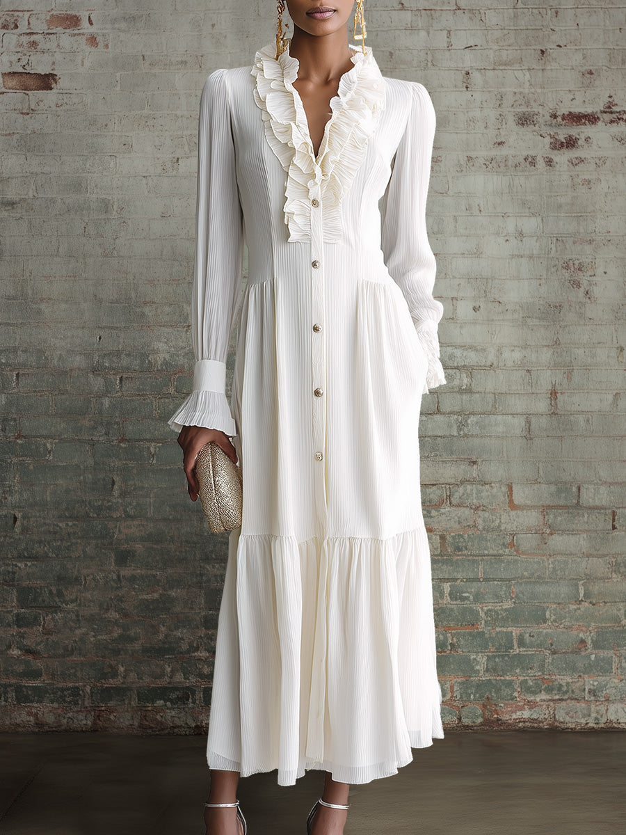 Elegant Retro Exquisite V-neck Ruffled Front Button White Chiffon Maxi Dress