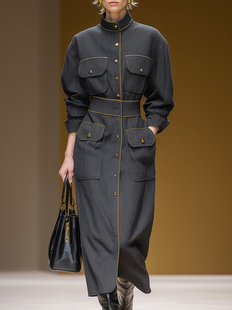 Exquisite Casual Stand-up Collar Front Button Large Pockets Yellow Trim Gray Maxi Dress