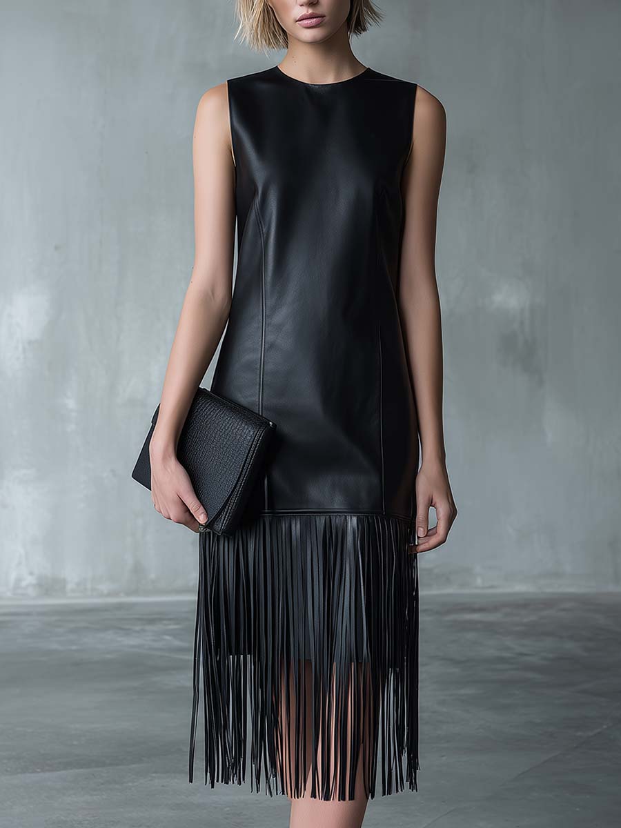 Elegant Fashion Round-neck Sleeveless Tassel Hem Black Faux Leather Midi Dress
