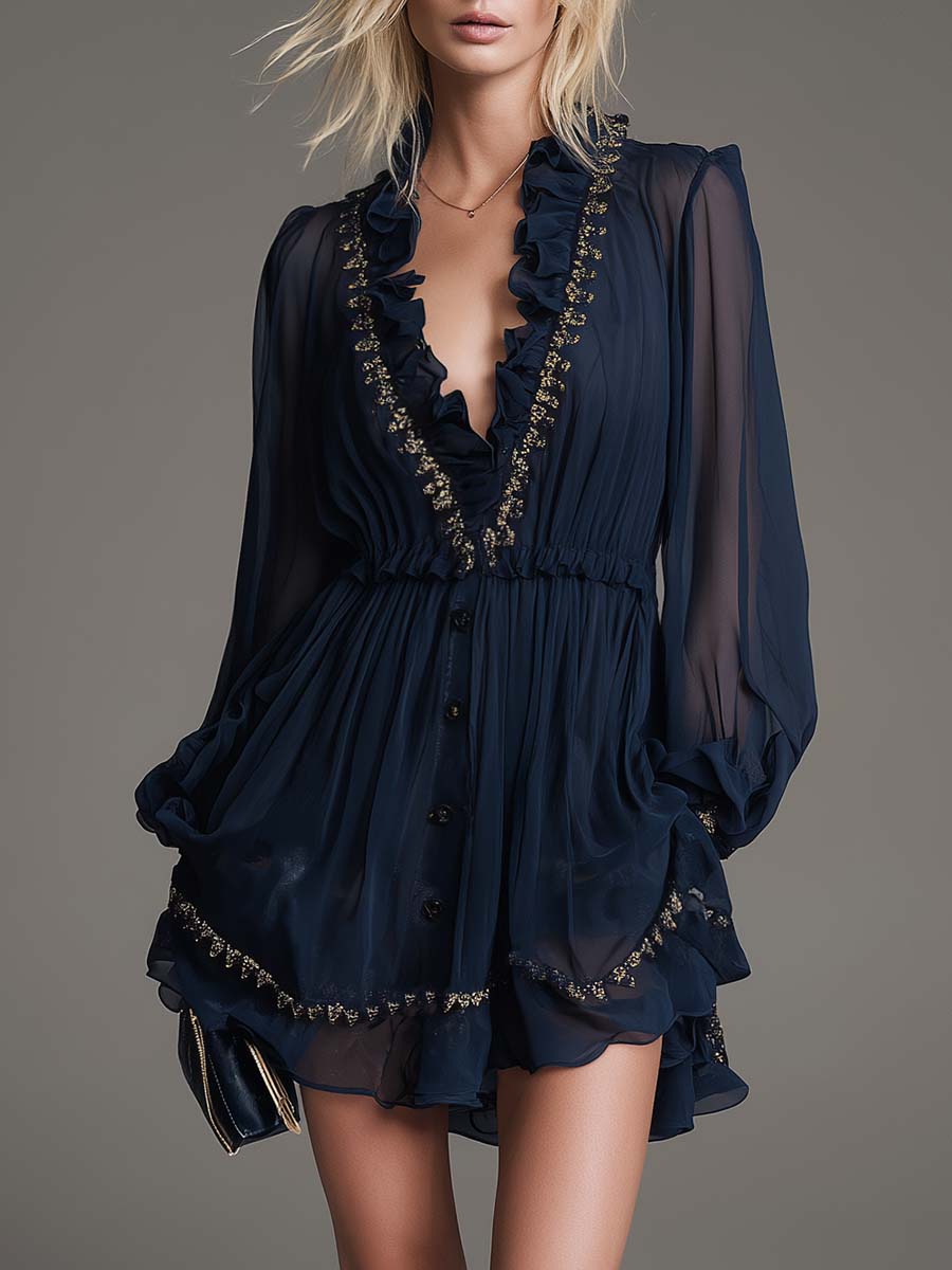 Exquisite Fashion Flowy Ruffled V-neck Front Button Gold Trim Dark Blue Chiffon Mini Dress