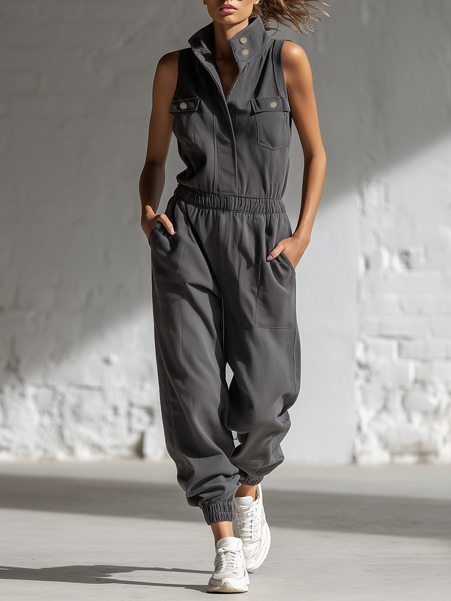 Stylish Simple Loose-fitting Sleeveless Stand-collar Front-buttoned Cotton Gray Jumpsuit