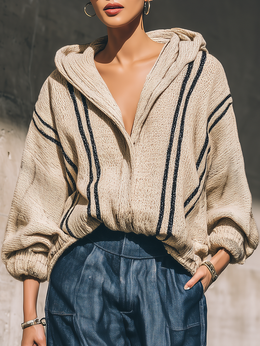 Vintage Street Style Loose Striped Hooded Knit Cardigan