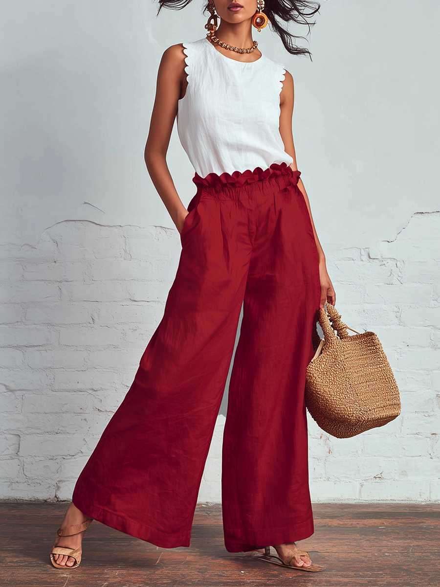 Urban Style White Cotton And Linen Sleeveless Top And Red Ruffled Waist Wide Leg Pants Set