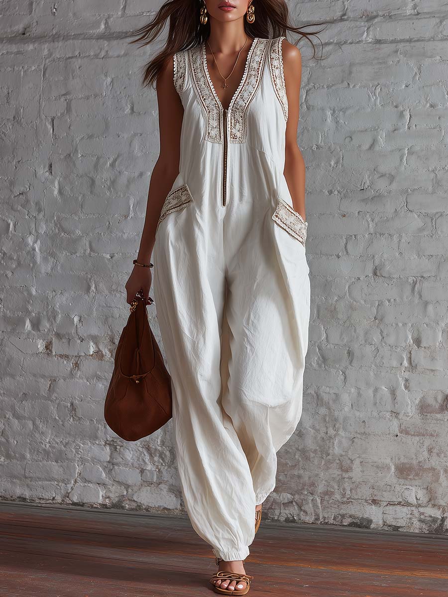 Retro Exquisite Fashion Embroidered Lace V-neck Front Zipper White Cotton Jumpsuit