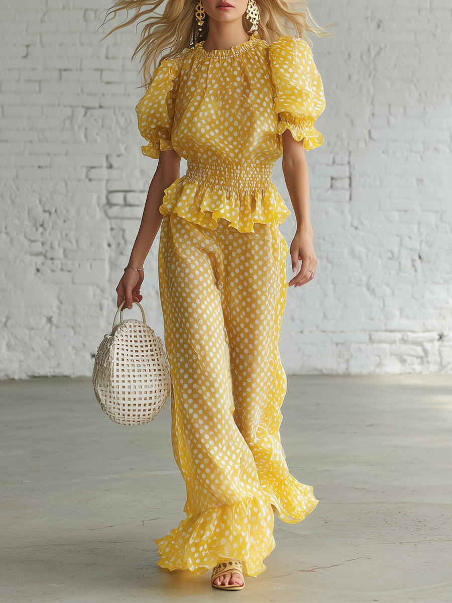 Casual Yellow Polka Dot Printed Chiffon Short Sleeved Top And Wide Leg Flared Pants Set