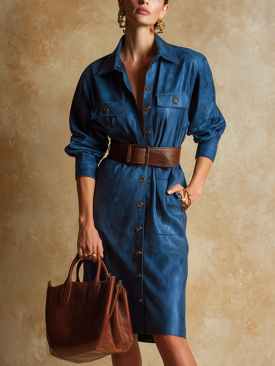 Urban Casual Retro Faux Leather Blue Lapel Loose Button Midi Dress