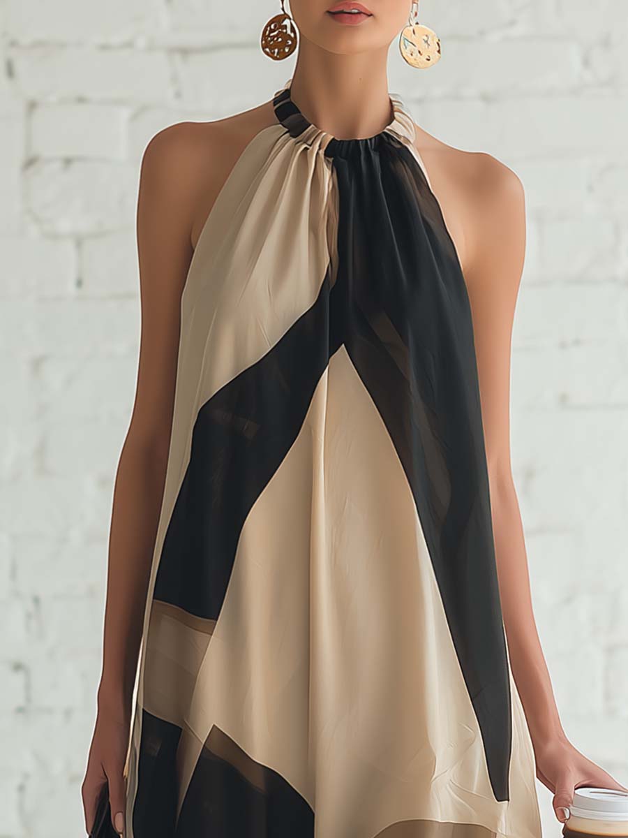 Vintage Elegant Flowing Halter-neck Black And Beige Contrasting Print Chiffon Maxi Dress