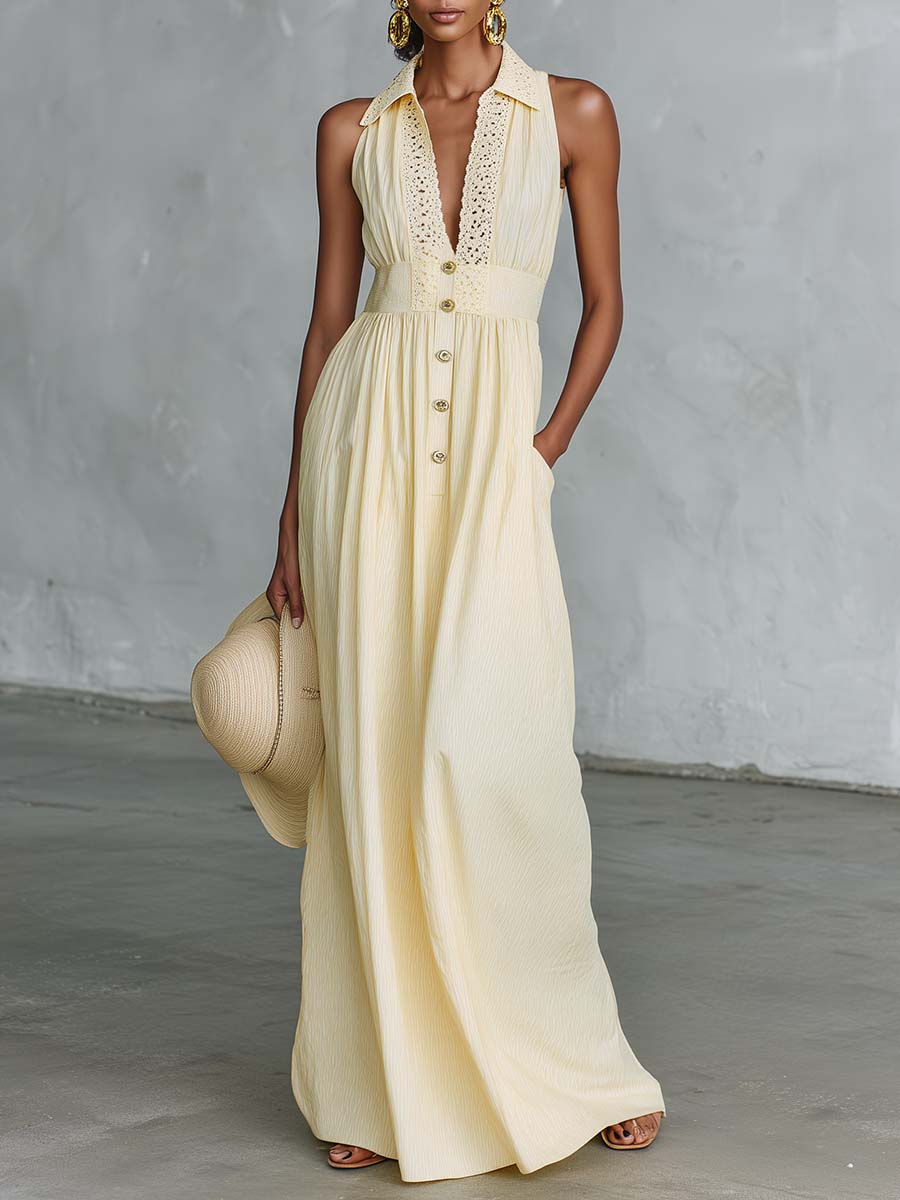 Elegant Retro Flowing Lace V-neck Sleeveless Light Yellow Vacation Maxi Dress