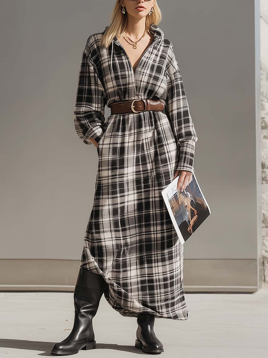 Retro Artist Hooded V-neck Black And White Plaid Maxi Dress