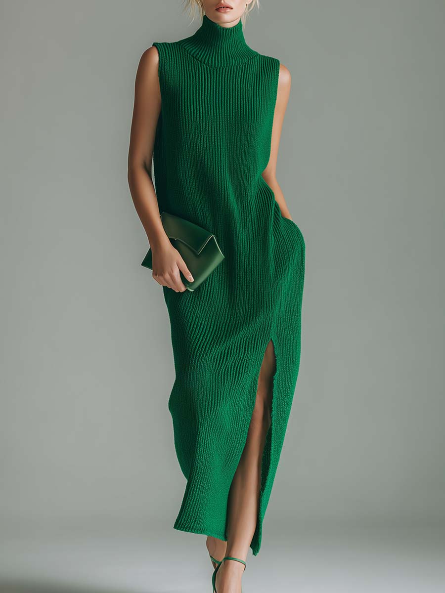 Elegant Fashion High-neck Slit Sleeveless Green Knit Slit Maxi Dress