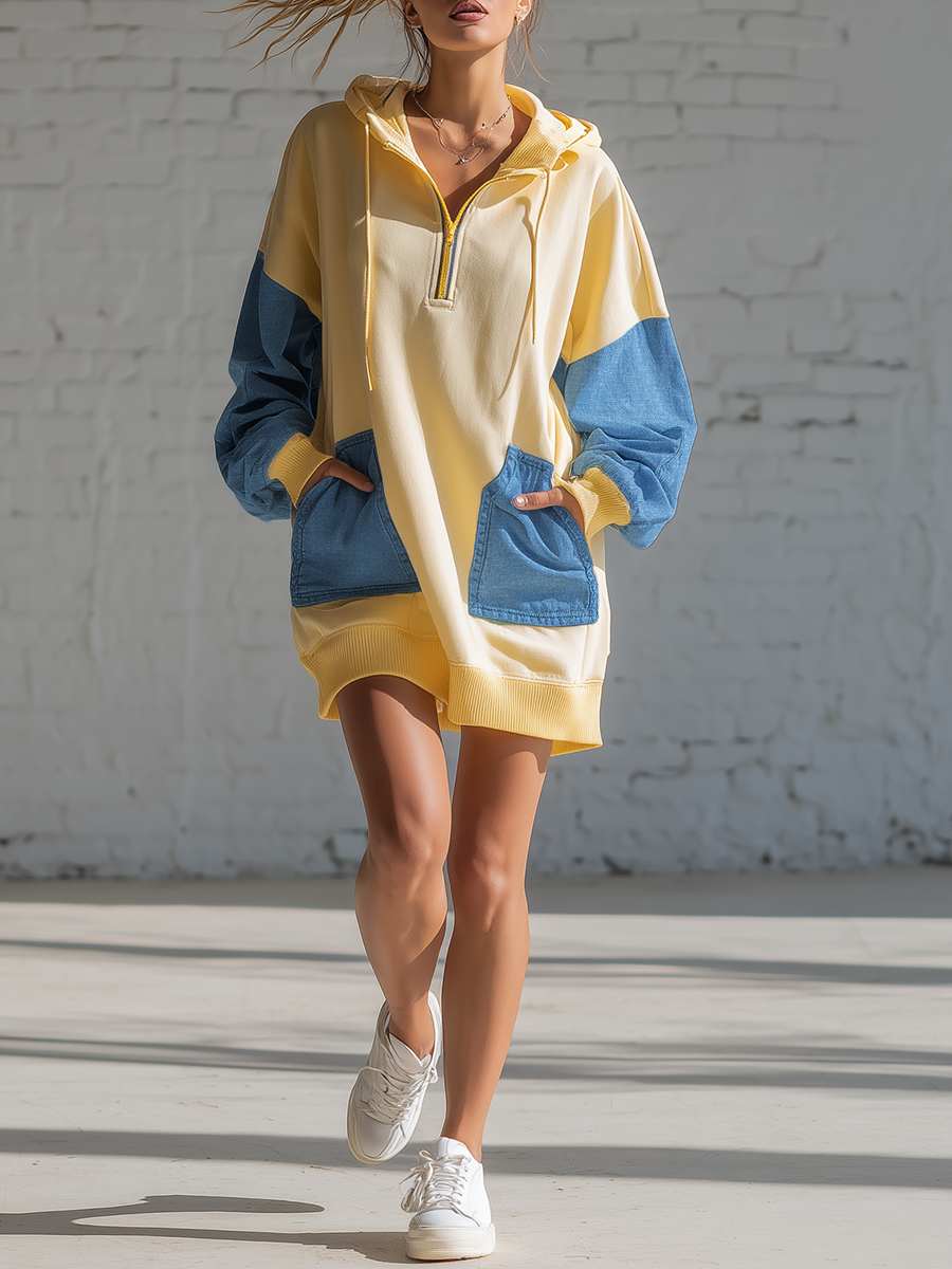Stylish Simple Loose-fitting Long-sleeved Hooded Front Zipper Closure Featuring Denim Yellow Cotton Mini Dress