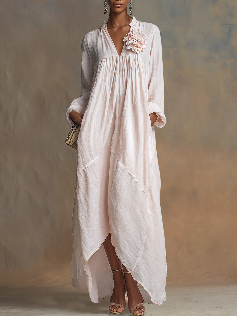 Elegant Retro Flowing V-neck 3D Floral Embellishment Light Pink Cotton And Linen Maxi Dress