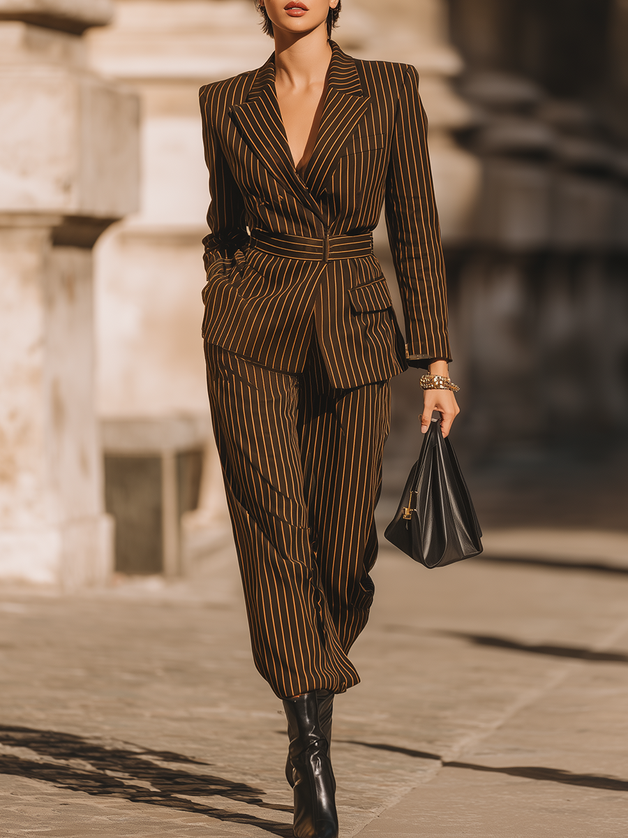 Elegant Striped Blazer And Trousers Set