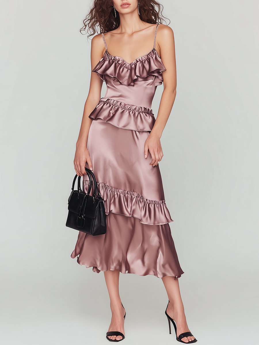 Stylish Vintage Sleeveless Spaghetti Strap Ruffle Satin Pink Midi Dress