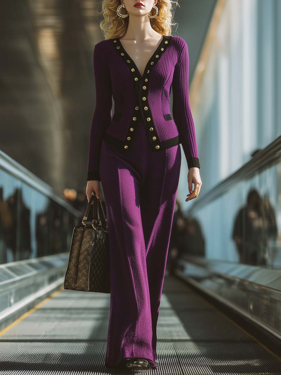 Retro Exquisite And Elegant Dark Purple Knitted V-neck Front Metal Button Top And Pants Set
