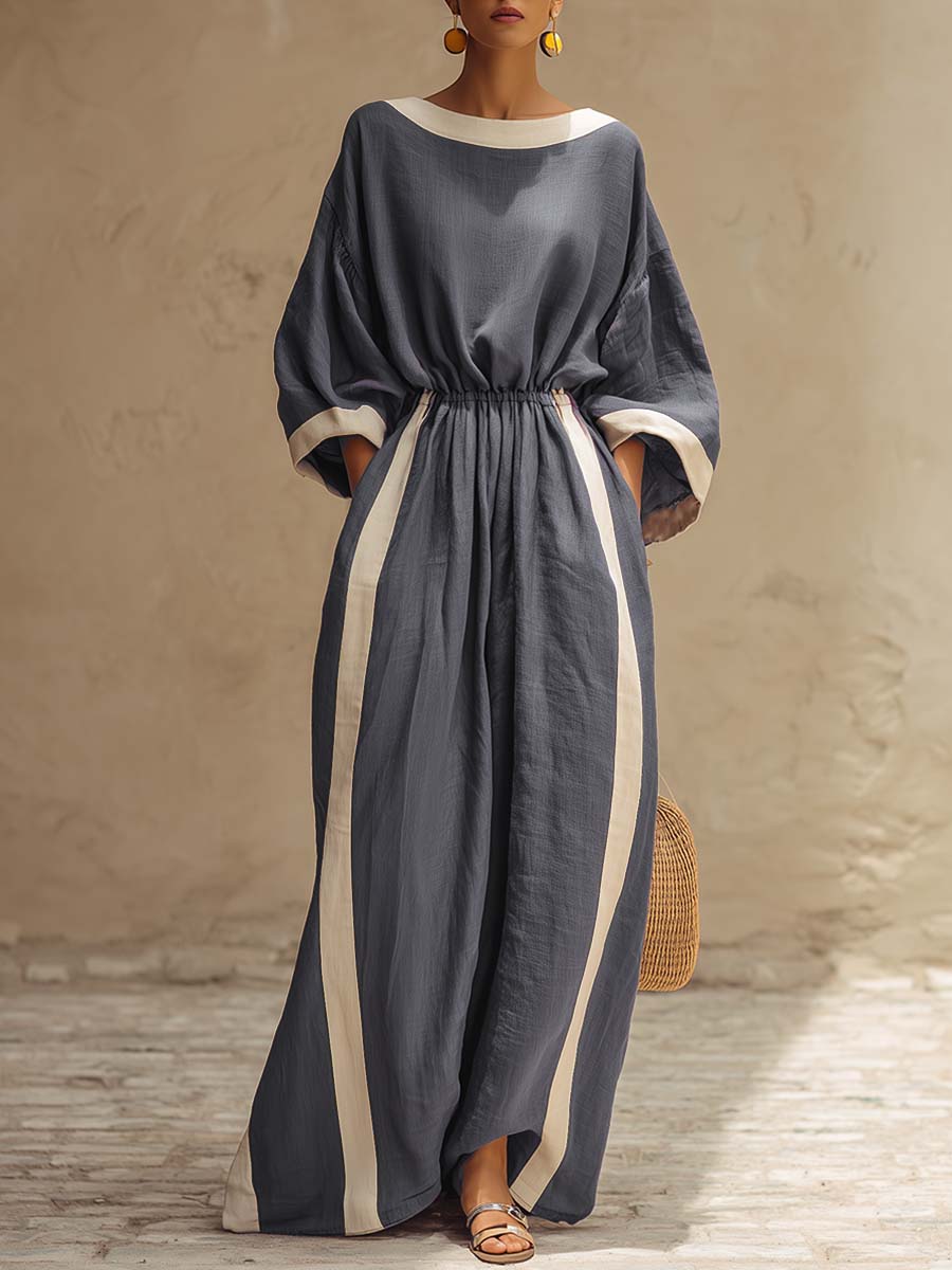 Elegant Urban Style Round-neck Wide-sleeved Grayish Blue White Trim Cotton Maxi Dress