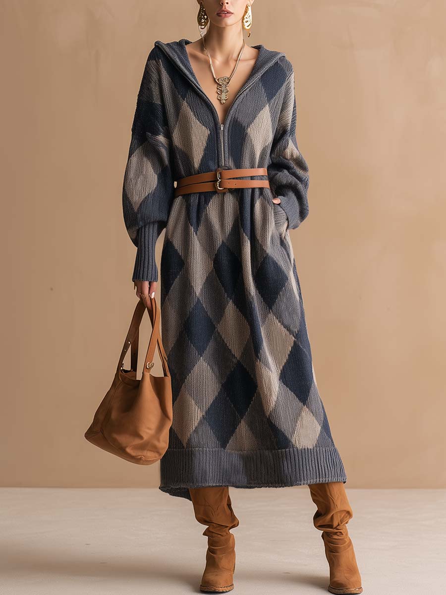 Exquisite Casual Retro Hooded Front Zipper Dark Blue Contrast Diamond Check Knitted Midi Dress